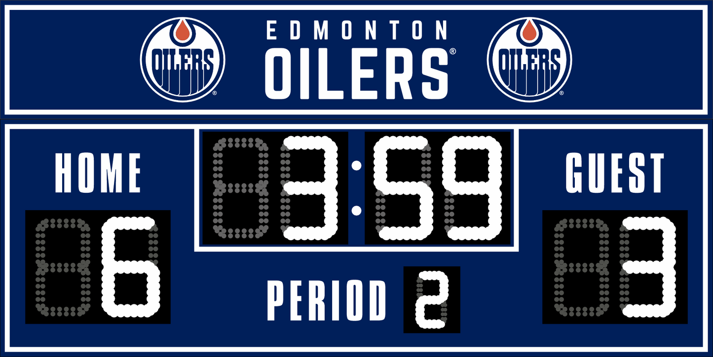 Edmonton Oilers hockey scoreboard. The scoreboard is navy with white LED digits and displays time, scores for home and guest teams, and the period number. The top section includes the "Edmonton Oilers" text with team logos on both sides. 