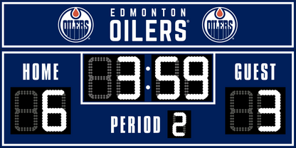 Edmonton Oilers hockey scoreboard. The scoreboard is navy with white LED digits and displays time, scores for home and guest teams, and the period number. The top section includes the "Edmonton Oilers" text with team logos on both sides. 