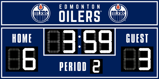 Edmonton Oilers hockey scoreboard. The scoreboard is navy with white LED digits and displays time, scores for home and guest teams, and the period number. The top section includes the "Edmonton Oilers" text with team logos on both sides. 