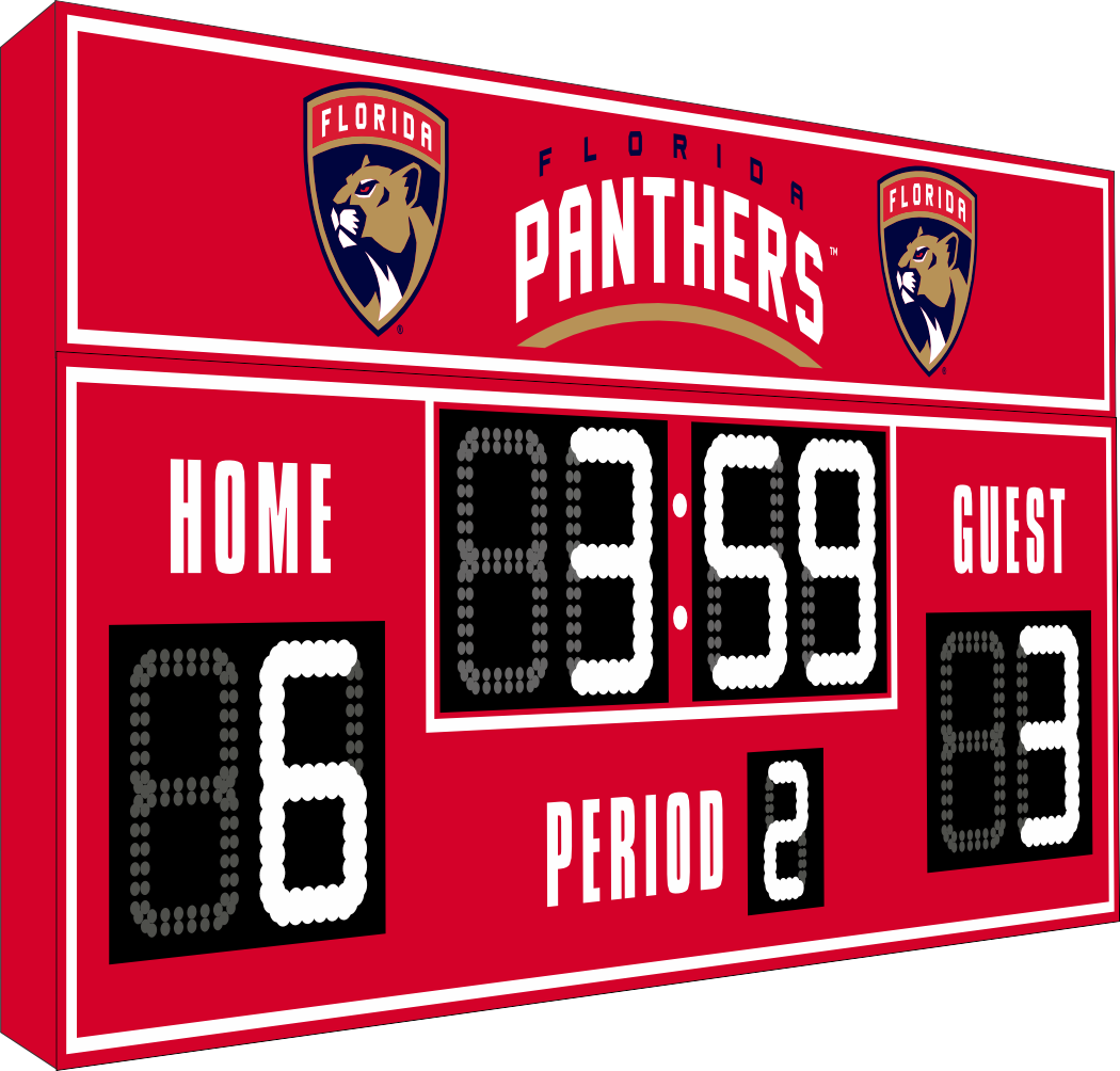 Florida Panthers hockey scoreboard. The scoreboard is red with white LED digits and displays time, scores for home and guest teams, and the period number. The top section includes the "Florida Panthers" text with team logos on both sides. 