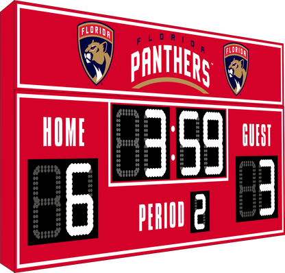 Florida Panthers hockey scoreboard. The scoreboard is red with white LED digits and displays time, scores for home and guest teams, and the period number. The top section includes the "Florida Panthers" text with team logos on both sides. 