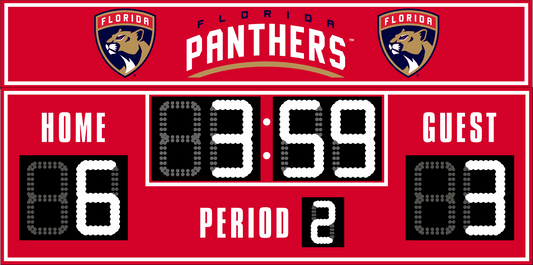 Florida Panthers hockey scoreboard. The scoreboard is red with white LED digits and displays time, scores for home and guest teams, and the period number. The top section includes the "Florida Panthers" text with team logos on both sides. 