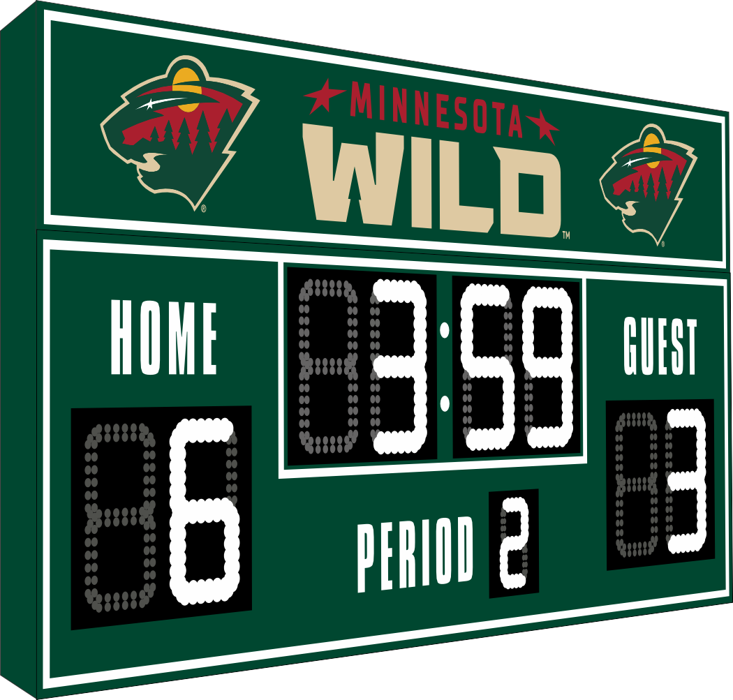 Minnesota Wild hockey scoreboard. The scoreboard is green with white LED digits and displays time, scores for home and guest teams, and the period number. The top section includes the 