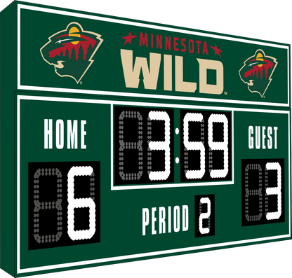 Minnesota Wild hockey scoreboard. The scoreboard is green with white LED digits and displays time, scores for home and guest teams, and the period number. The top section includes the "Minnesota Wild" text with team logos on both sides. 