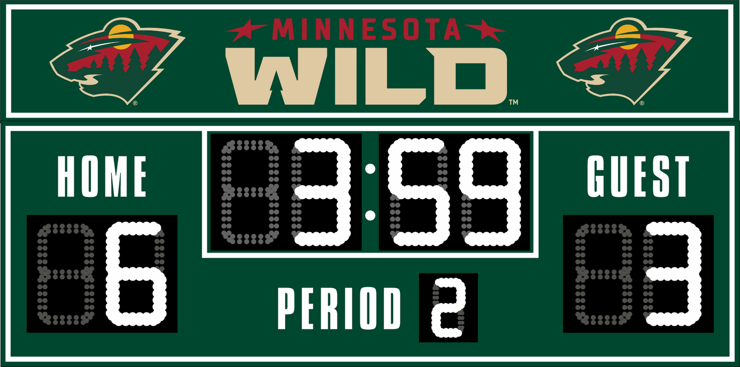 Minnesota Wild hockey scoreboard. The scoreboard is green with white LED digits and displays time, scores for home and guest teams, and the period number. The top section includes the "Minnesota Wild" text with team logos on both sides. 