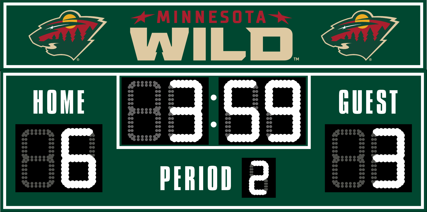Minnesota Wild hockey scoreboard. The scoreboard is green with white LED digits and displays time, scores for home and guest teams, and the period number. The top section includes the "Minnesota Wild" text with team logos on both sides. 