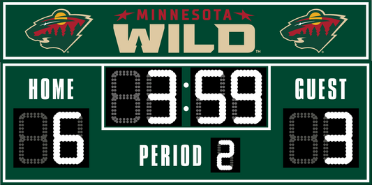 Minnesota Wild hockey scoreboard. The scoreboard is green with white LED digits and displays time, scores for home and guest teams, and the period number. The top section includes the "Minnesota Wild" text with team logos on both sides. 
