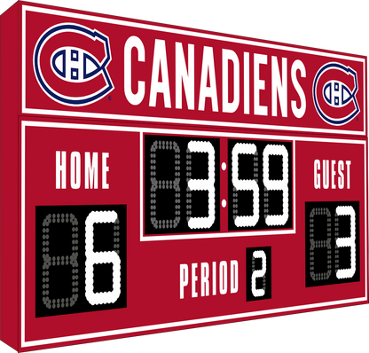 Montreal Canadiens hockey scoreboard. The scoreboard is red with white LED digits and displays time, scores for home and guest teams, and the period number. The top section includes the "Canadiens" text with team logos on both sides. 