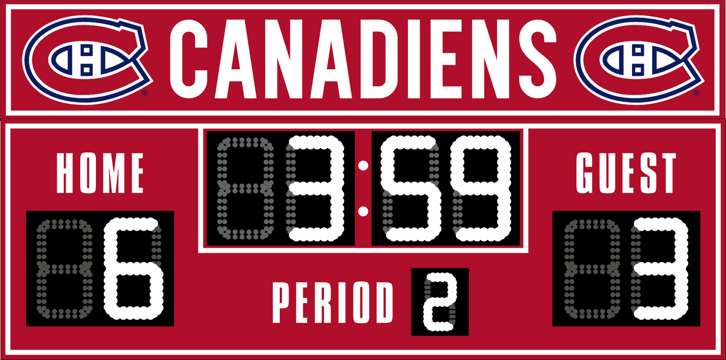 Montreal Canadiens hockey scoreboard. The scoreboard is red with white LED digits and displays time, scores for home and guest teams, and the period number. The top section includes the "Canadiens" text with team logos on both sides. 