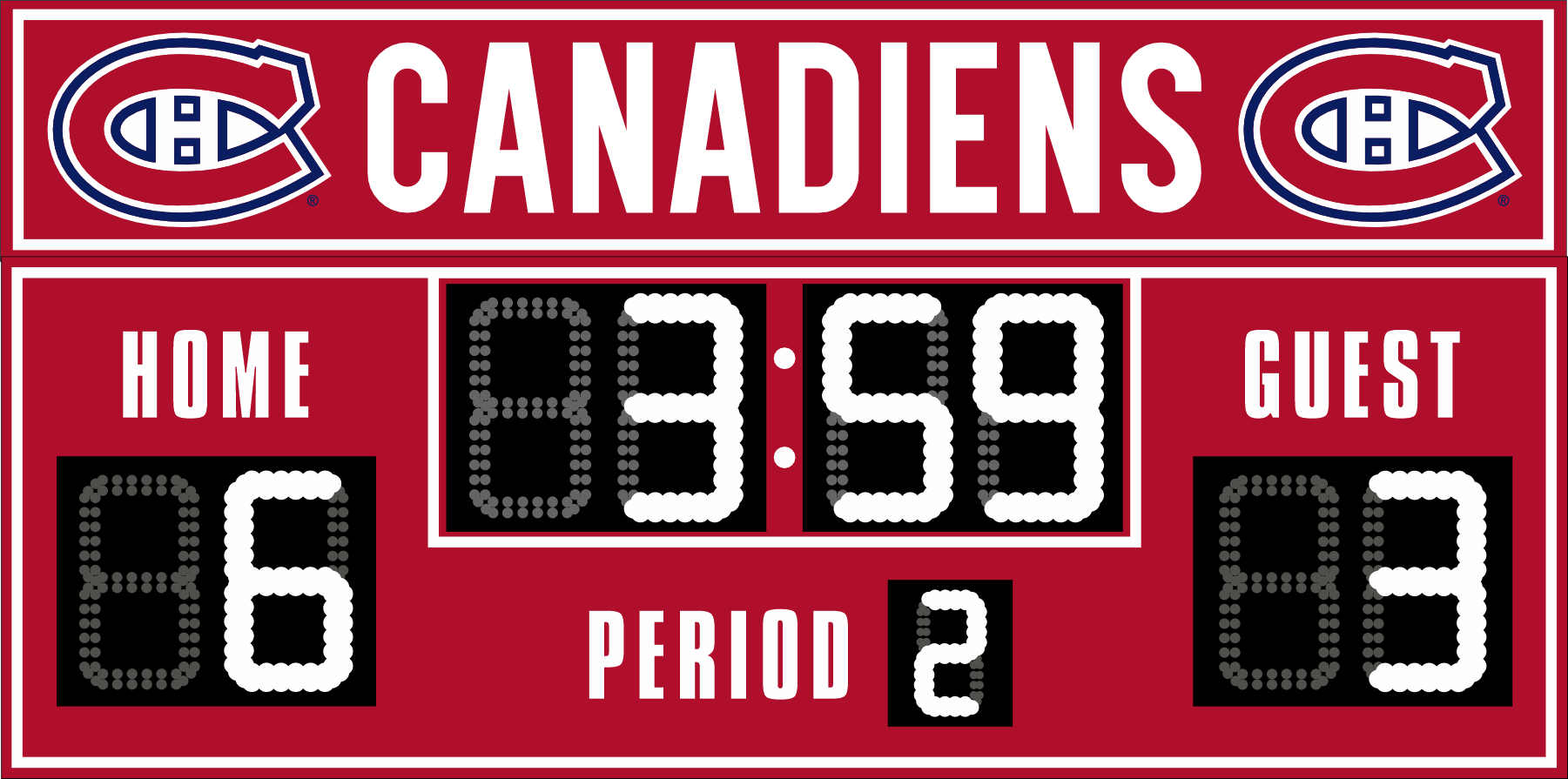 Montreal Canadiens hockey scoreboard. The scoreboard is red with white LED digits and displays time, scores for home and guest teams, and the period number. The top section includes the "Canadiens" text with team logos on both sides. 