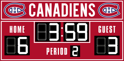 Montreal Canadiens hockey scoreboard. The scoreboard is red with white LED digits and displays time, scores for home and guest teams, and the period number. The top section includes the "Canadiens" text with team logos on both sides. 