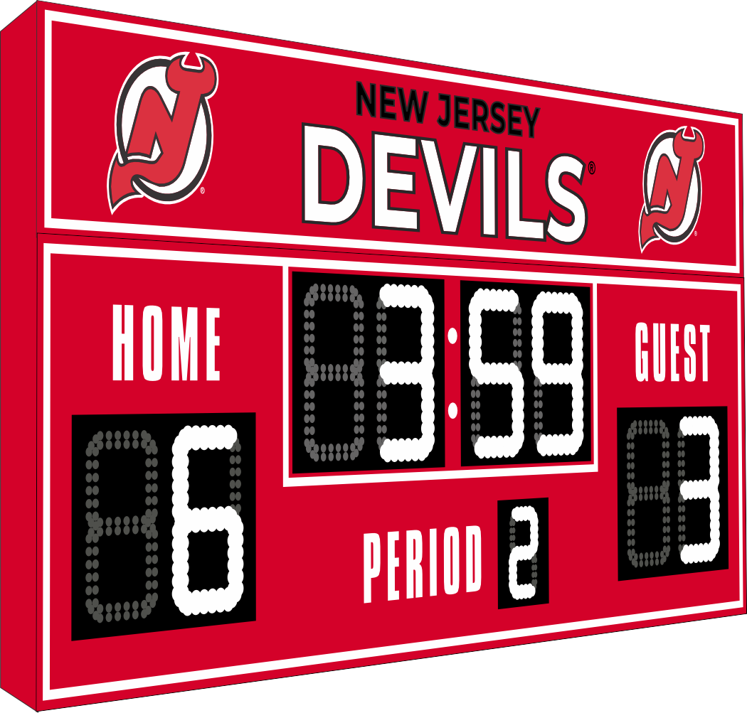 New Jersey Devils hockey scoreboard. The scoreboard is red with white LED digits and displays time, scores for home and guest teams, and the period number. The top section includes the 