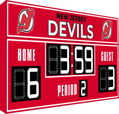 New Jersey Devils hockey scoreboard. The scoreboard is red with white LED digits and displays time, scores for home and guest teams, and the period number. The top section includes the "New Jersey Devils" text with team logos on both sides. 