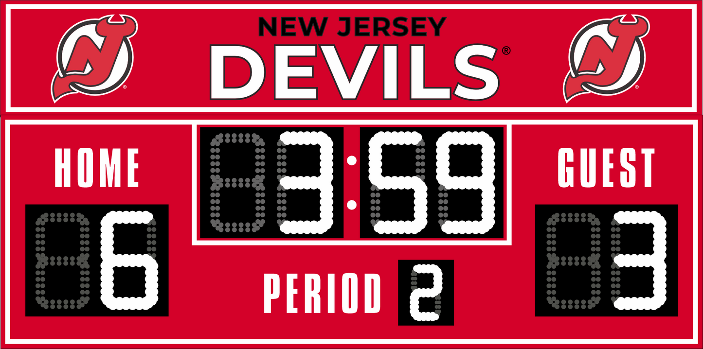 New Jersey Devils hockey scoreboard. The scoreboard is red with white LED digits and displays time, scores for home and guest teams, and the period number. The top section includes the "New Jersey Devils" text with team logos on both sides. 