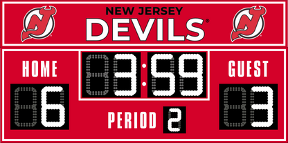 New Jersey Devils hockey scoreboard. The scoreboard is red with white LED digits and displays time, scores for home and guest teams, and the period number. The top section includes the "New Jersey Devils" text with team logos on both sides. 
