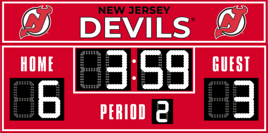 New Jersey Devils hockey scoreboard. The scoreboard is red with white LED digits and displays time, scores for home and guest teams, and the period number. The top section includes the "New Jersey Devils" text with team logos on both sides. 