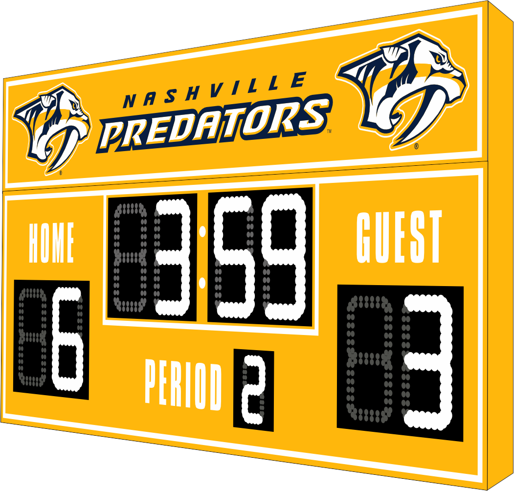 Nashville Predators hockey scoreboard. The scoreboard is yellow with white LED digits and displays time, scores for home and guest teams, and the period number. The top section includes the "Nashville Predators" text with team logos on both sides. 