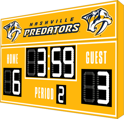 Nashville Predators hockey scoreboard. The scoreboard is yellow with white LED digits and displays time, scores for home and guest teams, and the period number. The top section includes the "Nashville Predators" text with team logos on both sides. 