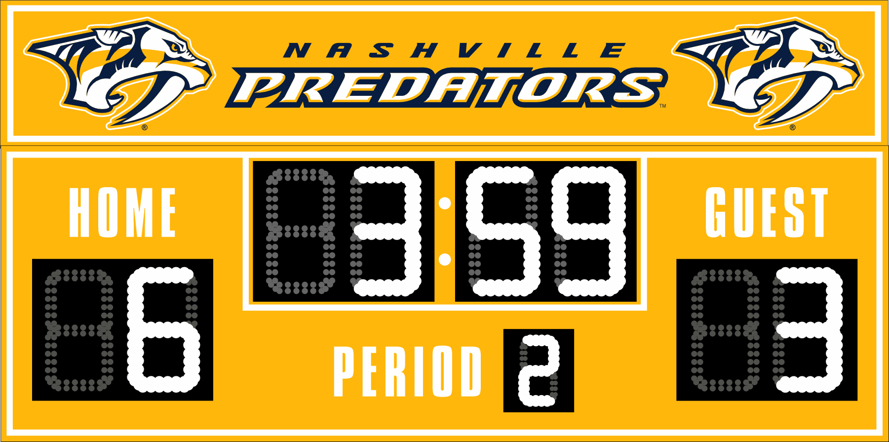 Nashville Predators hockey scoreboard. The scoreboard is yellow with white LED digits and displays time, scores for home and guest teams, and the period number. The top section includes the 