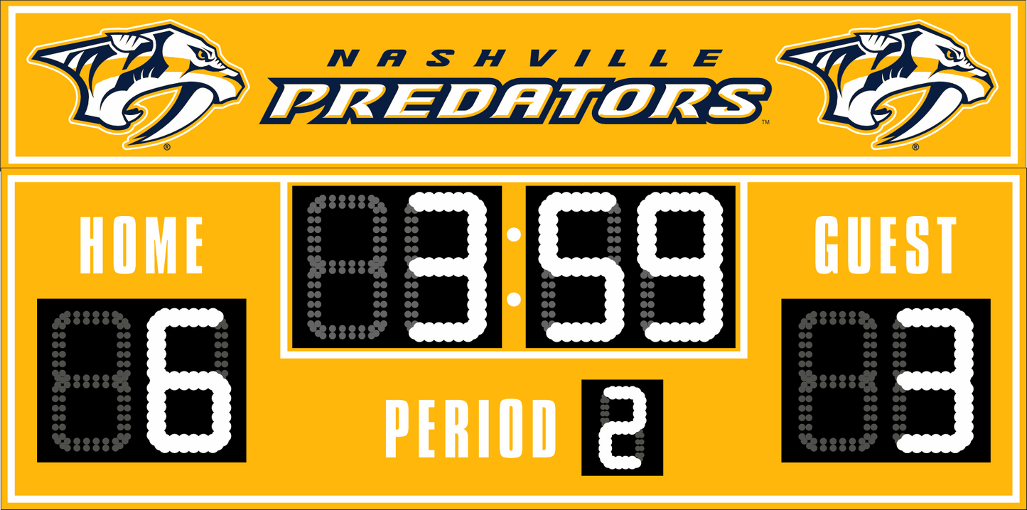 Nashville Predators hockey scoreboard. The scoreboard is yellow with white LED digits and displays time, scores for home and guest teams, and the period number. The top section includes the "Nashville Predators" text with team logos on both sides. 