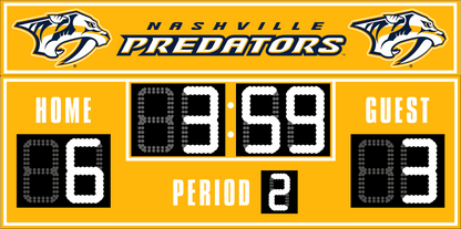 Nashville Predators hockey scoreboard. The scoreboard is yellow with white LED digits and displays time, scores for home and guest teams, and the period number. The top section includes the "Nashville Predators" text with team logos on both sides. 