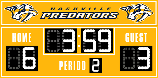 Nashville Predators hockey scoreboard. The scoreboard is yellow with white LED digits and displays time, scores for home and guest teams, and the period number. The top section includes the "Nashville Predators" text with team logos on both sides. 