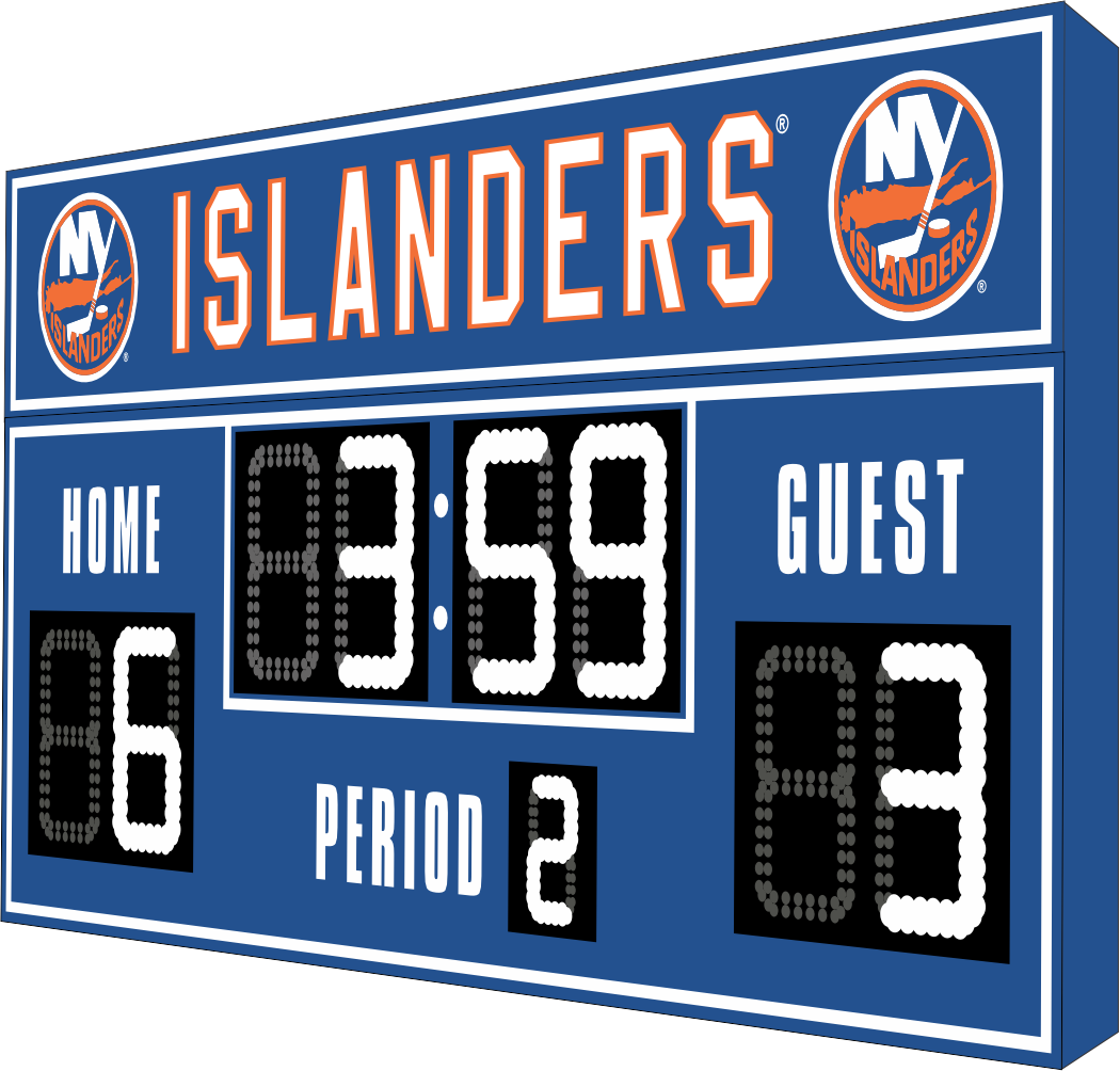 New York Islanders hockey scoreboard. The scoreboard is blue with white LED digits and displays time, scores for home and guest teams, and the period number. The top section includes the 