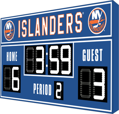 New York Islanders hockey scoreboard. The scoreboard is blue with white LED digits and displays time, scores for home and guest teams, and the period number. The top section includes the "Islanders" text with team logos on both sides. 