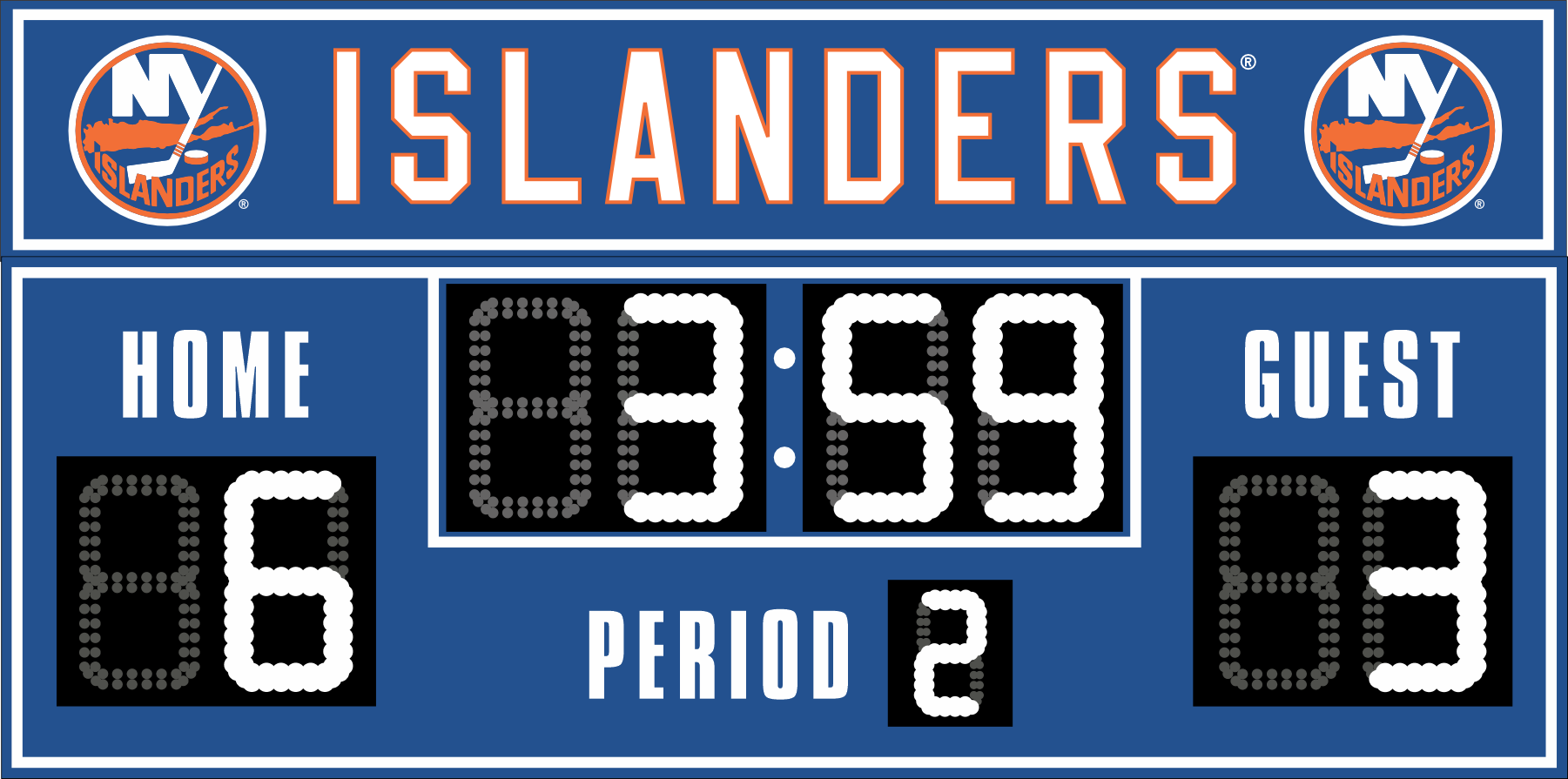 New York Islanders hockey scoreboard. The scoreboard is blue with white LED digits and displays time, scores for home and guest teams, and the period number. The top section includes the 