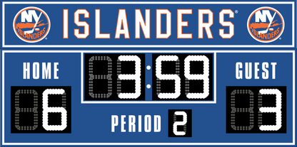 New York Islanders hockey scoreboard. The scoreboard is blue with white LED digits and displays time, scores for home and guest teams, and the period number. The top section includes the "Islanders" text with team logos on both sides. 