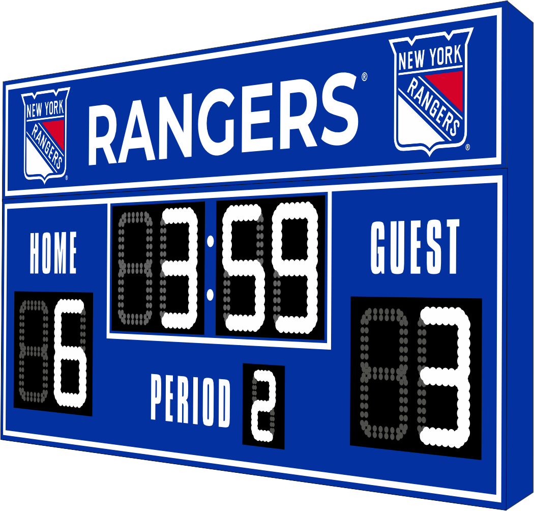 New York Rangers hockey scoreboard. The scoreboard is blue with white LED digits and displays time, scores for home and guest teams, and the period number. The top section includes the 