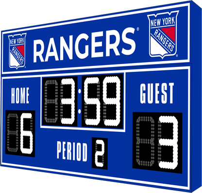 New York Rangers hockey scoreboard. The scoreboard is blue with white LED digits and displays time, scores for home and guest teams, and the period number. The top section includes the "New York Rangers" text with team logos on both sides. 