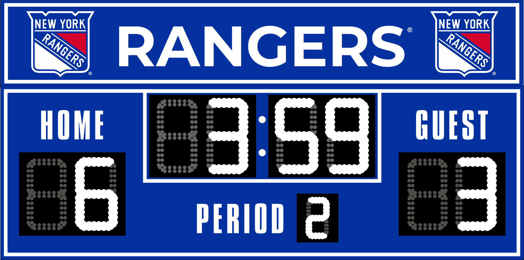 New York Rangers hockey scoreboard. The scoreboard is blue with white LED digits and displays time, scores for home and guest teams, and the period number. The top section includes the 