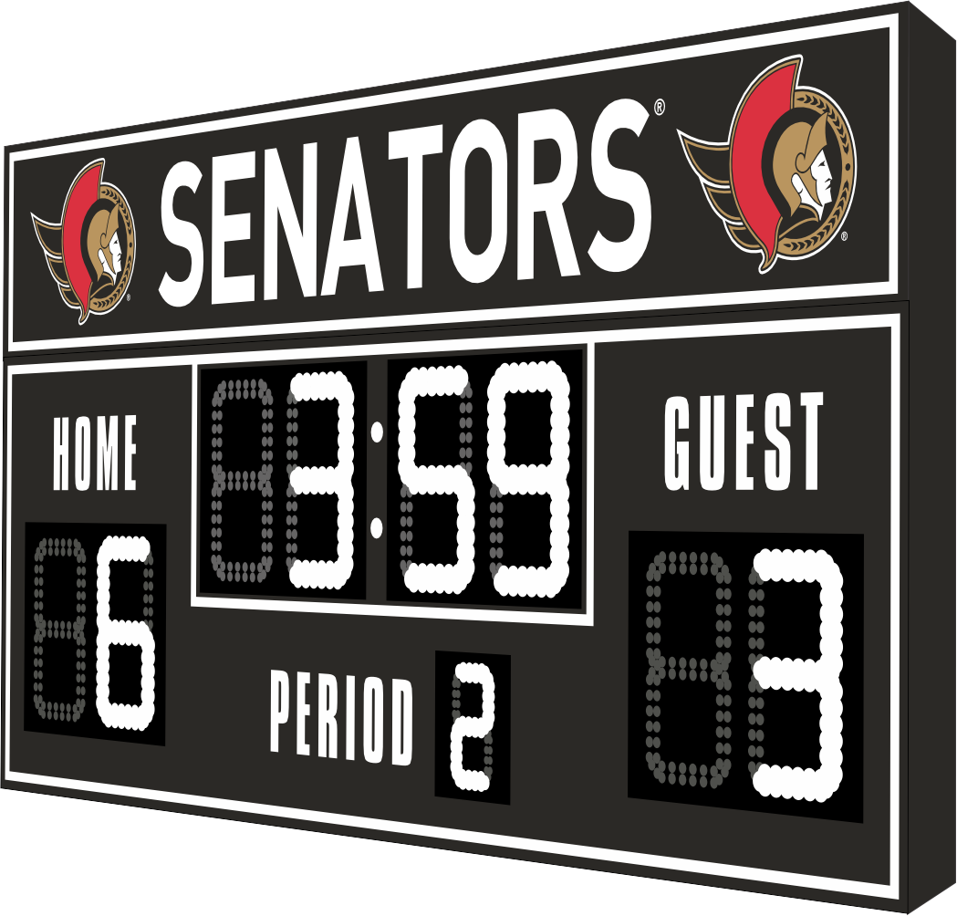 Ottawa Senators hockey scoreboard. The scoreboard is black with white LED digits and displays time, scores for home and guest teams, and the period number. The top section includes the 