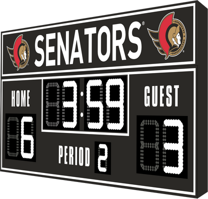 Ottawa Senators hockey scoreboard. The scoreboard is black with white LED digits and displays time, scores for home and guest teams, and the period number. The top section includes the "Senators" text with team logos on both sides. 
