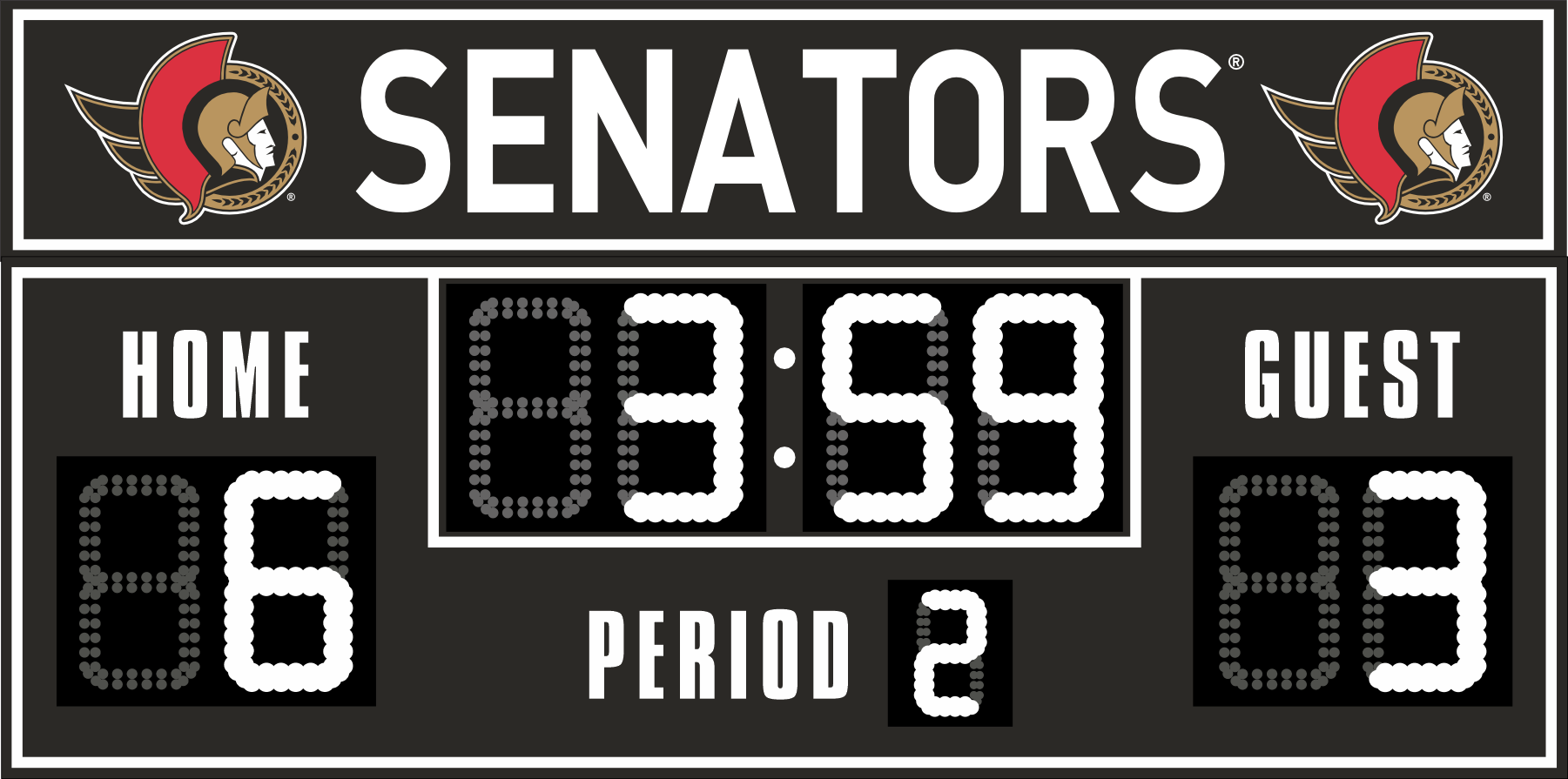 Ottawa Senators hockey scoreboard. The scoreboard is black with white LED digits and displays time, scores for home and guest teams, and the period number. The top section includes the 