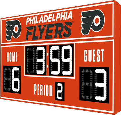 Philadelphia Flyers hockey scoreboard. The scoreboard is red with white LED digits and displays time, scores for home and guest teams, and the period number. The top section includes the "Philadelphia Flyers" text with team logos on both sides. 
