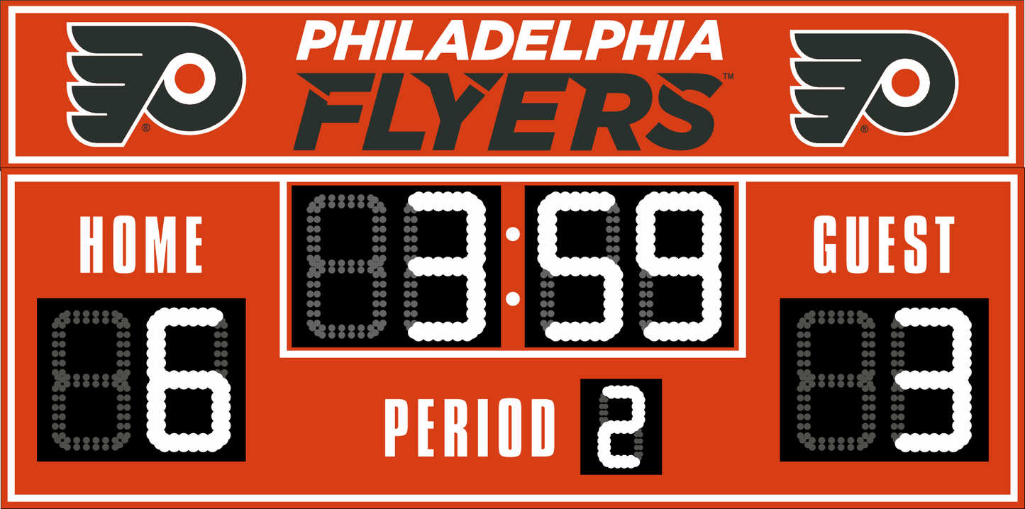 Philadelphia Flyers hockey scoreboard. The scoreboard is red with white LED digits and displays time, scores for home and guest teams, and the period number. The top section includes the "Philadelphia Flyers" text with team logos on both sides. 