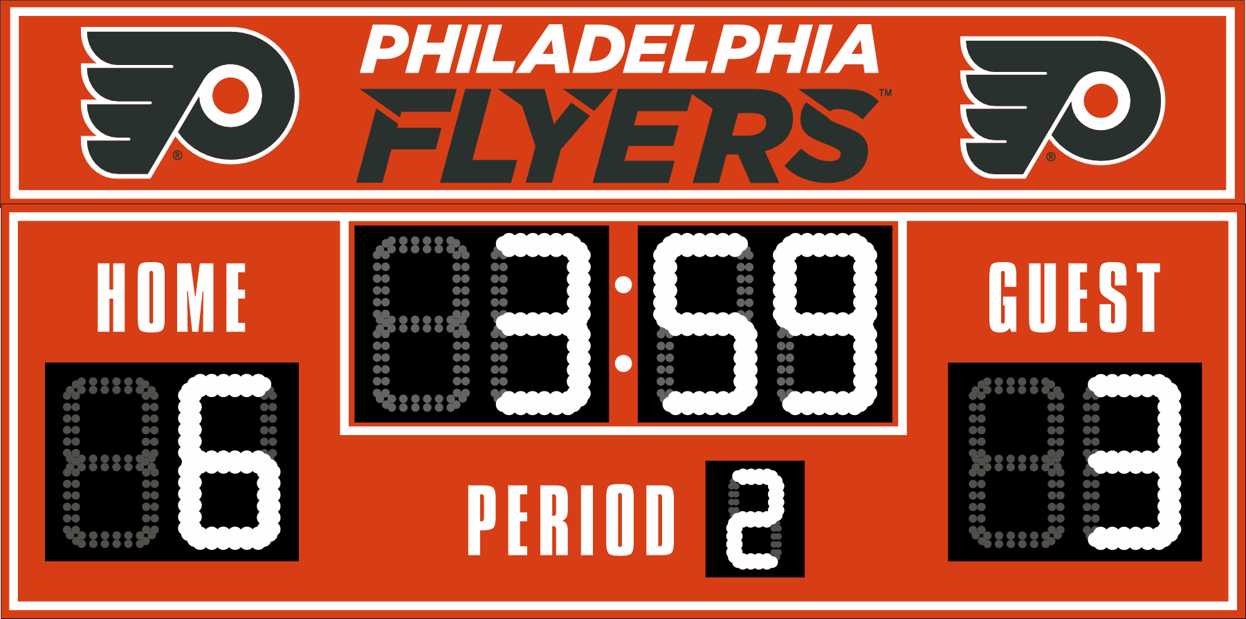 Philadelphia Flyers hockey scoreboard. The scoreboard is red with white LED digits and displays time, scores for home and guest teams, and the period number. The top section includes the "Philadelphia Flyers" text with team logos on both sides. 