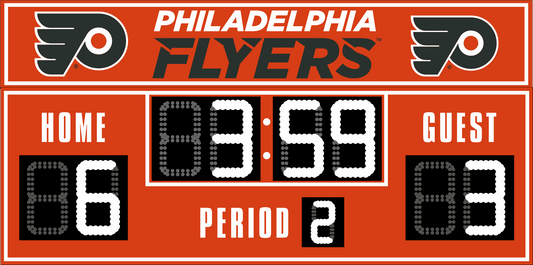 Philadelphia Flyers hockey scoreboard. The scoreboard is red with white LED digits and displays time, scores for home and guest teams, and the period number. The top section includes the "Philadelphia Flyers" text with team logos on both sides. 