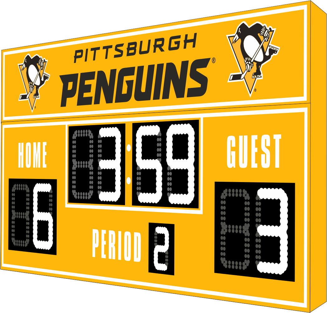 Pittsburgh Penguins hockey scoreboard. The scoreboard is yellow with white LED digits and displays time, scores for home and guest teams, and the period number. The top section includes the "Pittsburgh Penguins" text with team logos on both sides. 