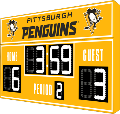 Pittsburgh Penguins hockey scoreboard. The scoreboard is yellow with white LED digits and displays time, scores for home and guest teams, and the period number. The top section includes the "Pittsburgh Penguins" text with team logos on both sides. 