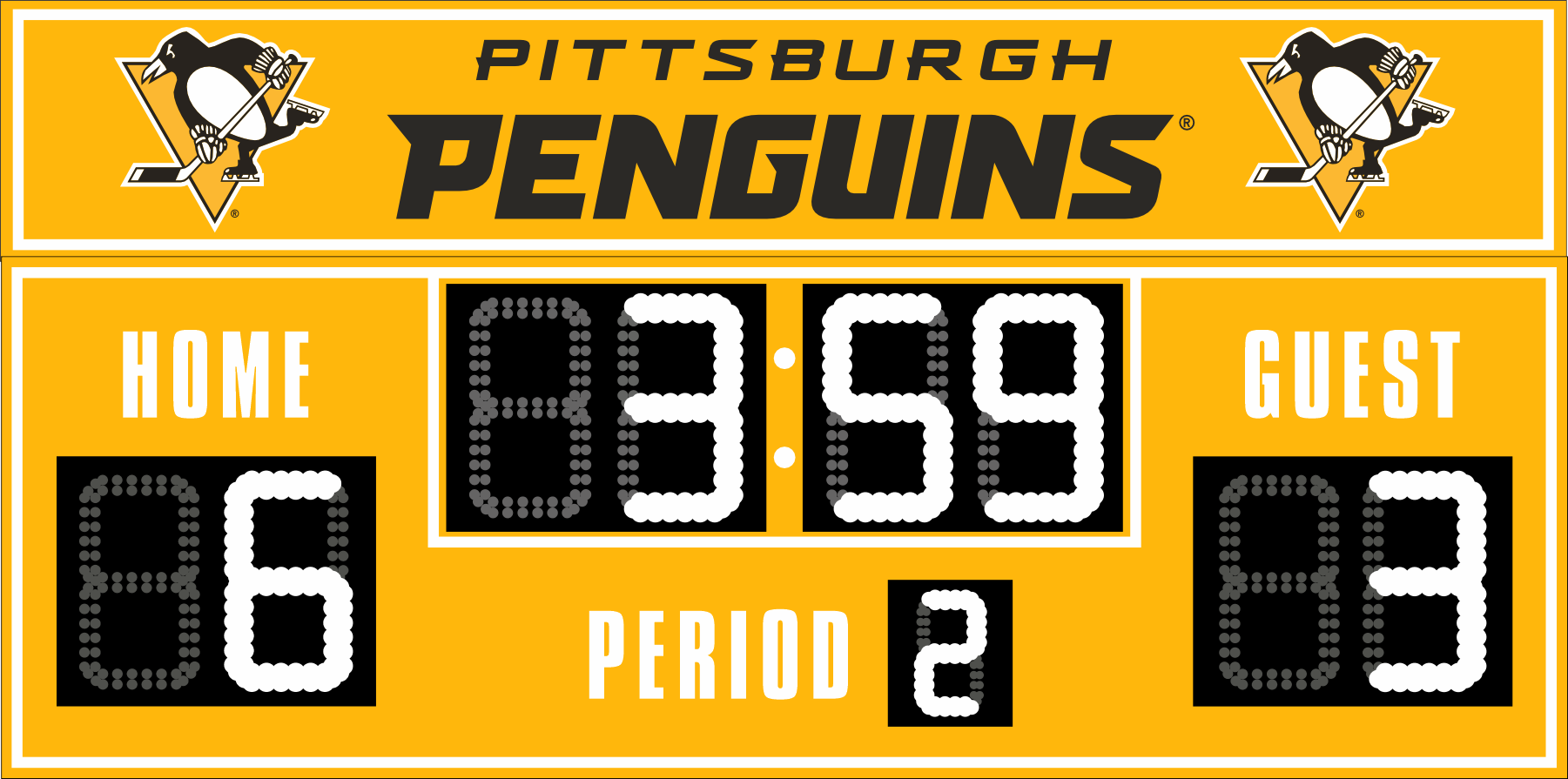 Pittsburgh Penguins hockey scoreboard. The scoreboard is yellow with white LED digits and displays time, scores for home and guest teams, and the period number. The top section includes the 