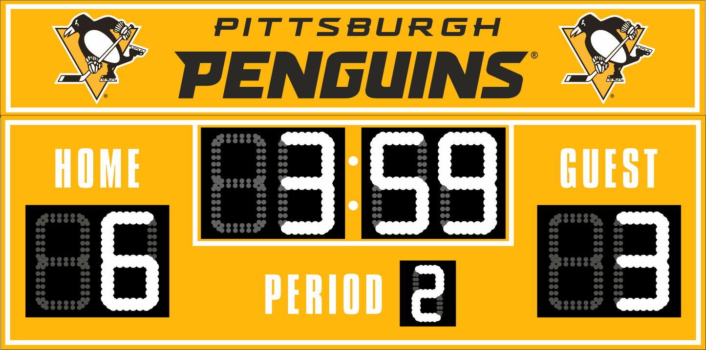 Pittsburgh Penguins hockey scoreboard. The scoreboard is yellow with white LED digits and displays time, scores for home and guest teams, and the period number. The top section includes the "Pittsburgh Penguins" text with team logos on both sides. 