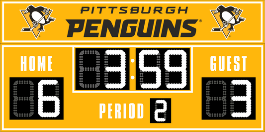 Pittsburgh Penguins hockey scoreboard. The scoreboard is yellow with white LED digits and displays time, scores for home and guest teams, and the period number. The top section includes the "Pittsburgh Penguins" text with team logos on both sides. 