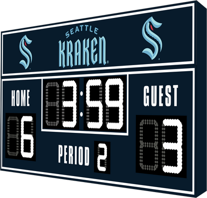 Seattle Kraken hockey scoreboard. The scoreboard is dark blue with white LED digits and displays time, scores for home and guest teams, and the period number. The top section includes the "Seattle Kraken" text with team logos on both sides. 