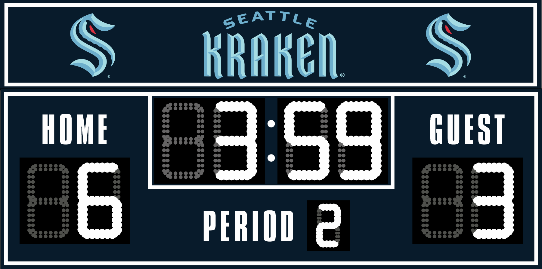 Seattle Kraken hockey scoreboard. The scoreboard is dark blue with white LED digits and displays time, scores for home and guest teams, and the period number. The top section includes the 
