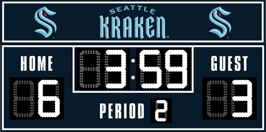 Seattle Kraken hockey scoreboard. The scoreboard is dark blue with white LED digits and displays time, scores for home and guest teams, and the period number. The top section includes the "Seattle Kraken" text with team logos on both sides. 