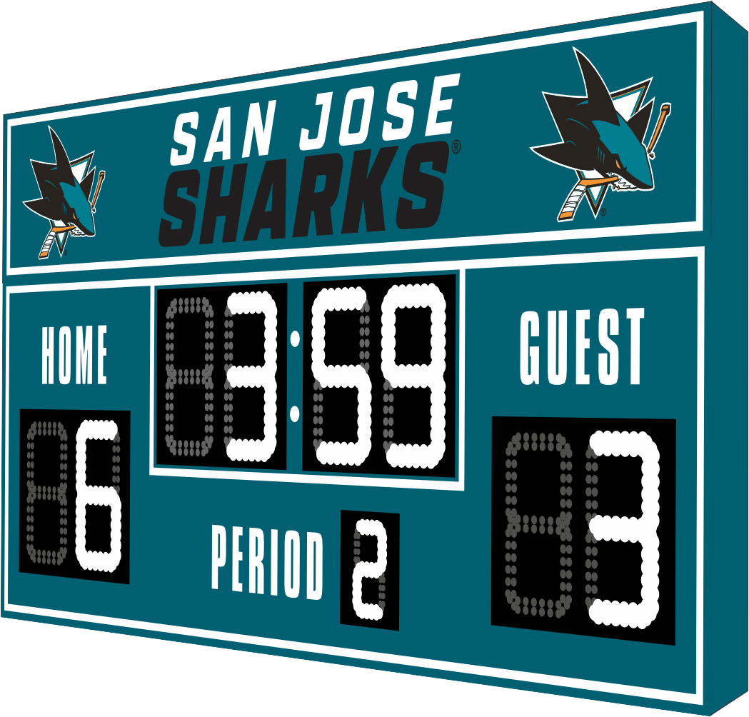 San Jose Sharks hockey scoreboard. The scoreboard is teal with white LED digits and displays time, scores for home and guest teams, and the period number. The top section includes the 
