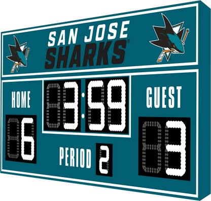 San Jose Sharks hockey scoreboard. The scoreboard is teal with white LED digits and displays time, scores for home and guest teams, and the period number. The top section includes the "San Jose Sharks" text with team logos on both sides. 